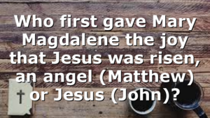 Who first gave Mary Magdalene the joy that Jesus was risen, an angel (Matthew) or Jesus (John)?